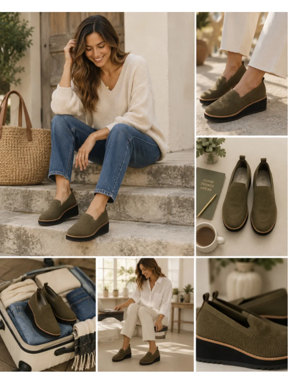 Eileen Fisher Knit Wedge Loafers Women’s Size 9 Olive Green Slip On Shoes